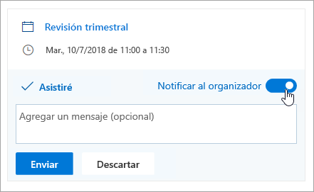 Captura de pantalla del botón de alternancia Notificar al organizador