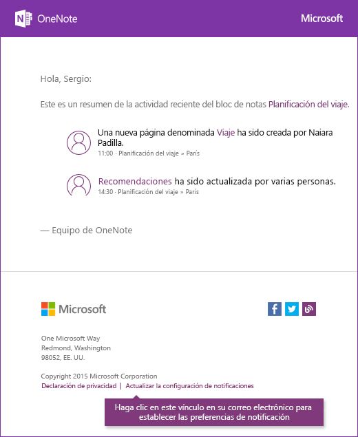 Un mensaje de correo electrónico de notificación de OneNote de ejemplo