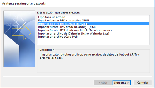 asistente para importar y exportar - importar de otro programa o archivo