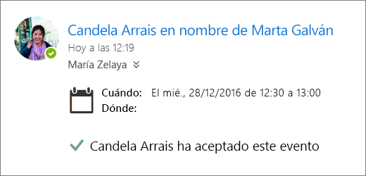 Captura de pantalla de una invitación de reunión aceptada por un delegado.