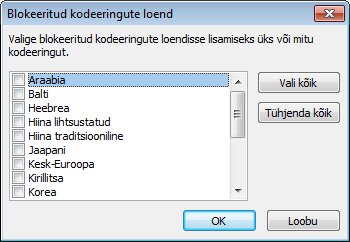 Dialoogiboks Blokeeritud kodeeringute loend