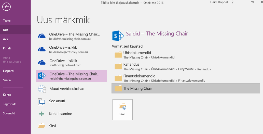 OneNote for Windows 2016 uue märkmiku kausta valimise liides