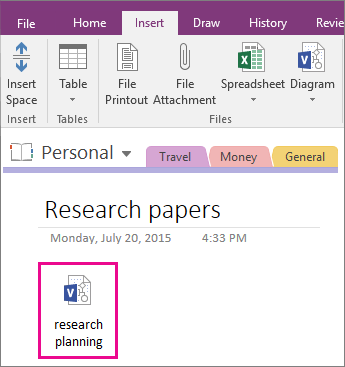 Kuvatõmmis Visio faili manustamisest rakenduse OneNote 2016 lehele.