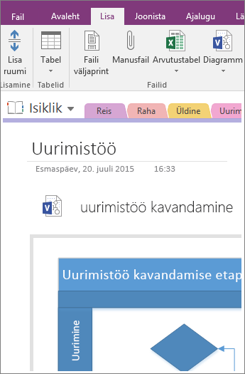 Kuvatõmmis olemasoleva Visio diagrammi lisamisest rakendusse OneNote 2016.