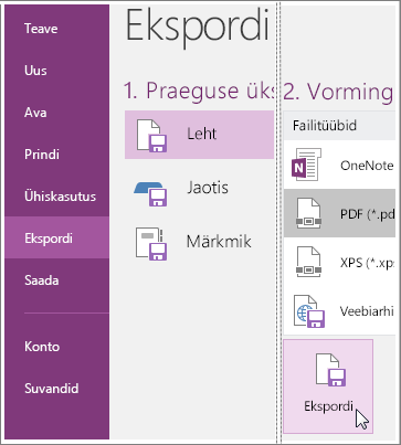 Kuvatõmmis OneNote 2016 märkmelehe eksportimisest.