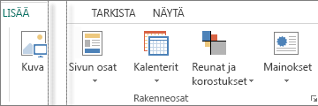 Näyttökuva Publisherin Lisää-välilehden Rakenneosat-ryhmästä.