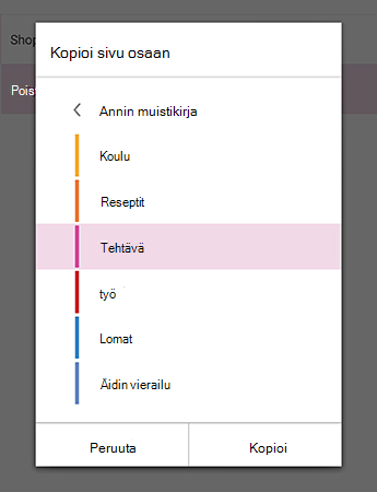 Kopioi sivu osaan -valikko OneNote for Androidissa