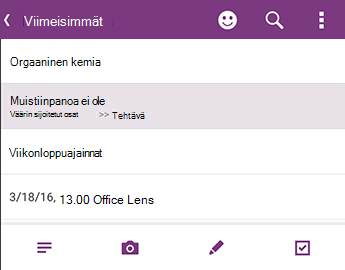 OneNote for Androidin Viimeisimmät muistiinpanot -luettelo