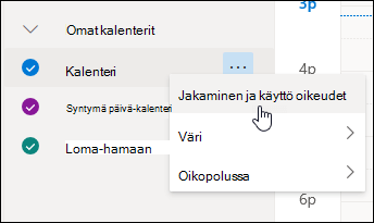 Näyttökuva kohdistimen ollessa Jakaminen- ja Käyttöoikeudet -kohtien kohdalla kalenteri-pikavalikossa