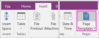 Näyttökuva Sivumallit-painikkeesta OneNote 2016:ssa.