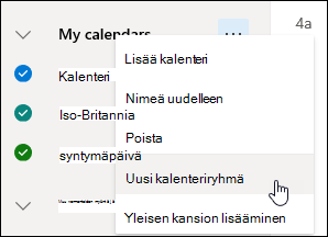 Näyttökuva Uusi kalenteriryhmä -painikkeesta