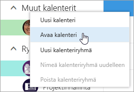 Näyttökuva Muut kalenterit -pikavalikosta, jossa Avaa kalenteri on valittuna.