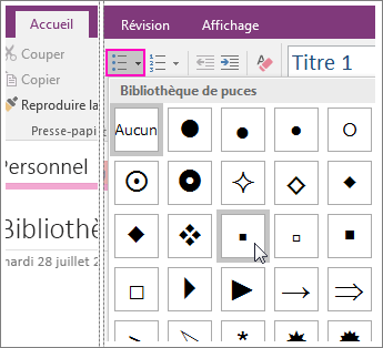 Capture d’écran de l’ajout de puces à une page dans OneNote 2016.