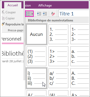 Capture d’écran de l’ajout d’une numérotation à une page dans OneNote 2016.