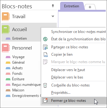 Capture d’écran montrant comment fermer un bloc-notes dans OneNote 2016.