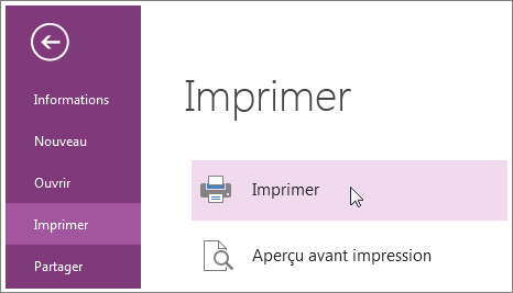 Vous pouvez imprimer des pages OneNote via le menu Imprimer