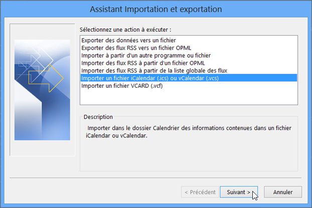 Sélectionnez Importer un fichier iCalendar ou vCalendar.