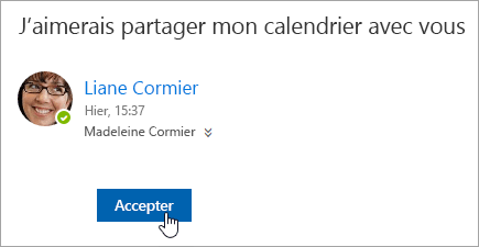 Capture d’écran du bouton Accepter dans une notification par courrier électronique du calendrier partagé