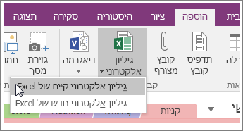 צילום מסך של לחצן 'הוסף גיליון אלקטרוני' ב- OneNote 2016.