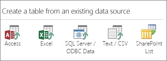 בחירות מקור הנתונים: Access‏; Excel‏; SQL Server/מקור נתונים של ODBC; טקסט/CSV; רשימת SharePoint.