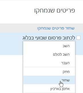 צילום מסך שמציג את תפריט 'שחזר פריטים שנמחקו'