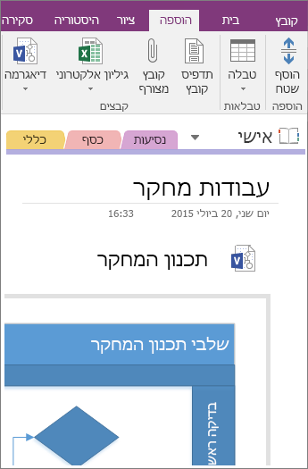 צילום מסך של אופן ההוספה של דיאגרמת Visio קיימת ב- OneNote 2016.