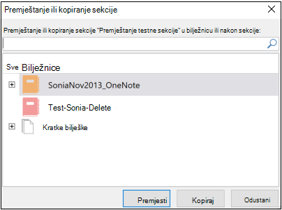 Dijaloški okvir Premještanje ili kopiranje sekcije u programu OneNote za Windows 2016