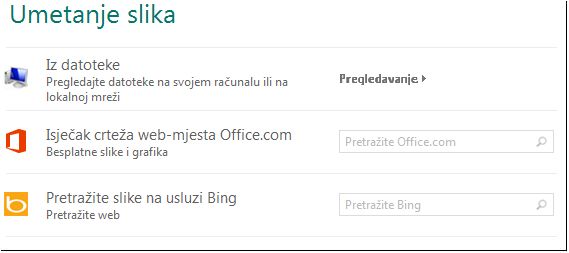 Dijaloški okvir Umetanje slike u programu Publisher 2013