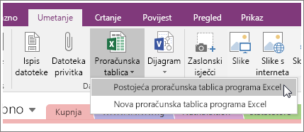 Snimka zaslona gumba za umetanje proračunske tablice u programu OneNote 2016.