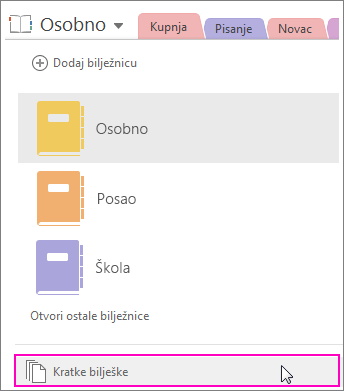 Snimka zaslona s oknom bilježnice programa OneNote 2016 s istaknutim brzim bilješkama