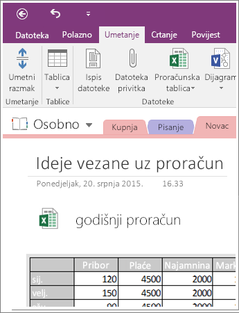 Snimka zaslona ugrađene proračunske tablice u programu OneNote 2016.