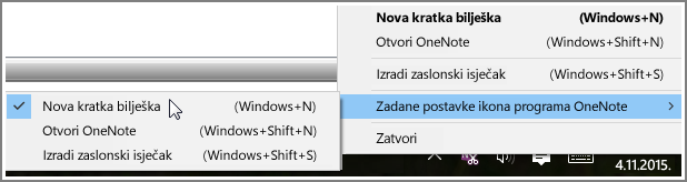 Snimka zaslona palete sustava s mogućnostima programa OneNote.