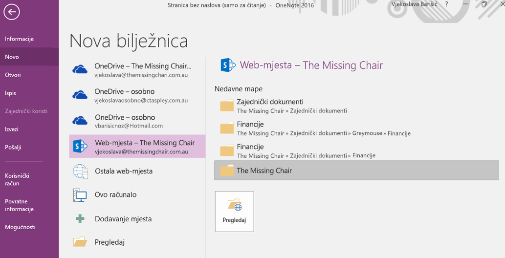 Sučelje za odabir mape za novu bilježnicu u programu OneNote za Windows 2016