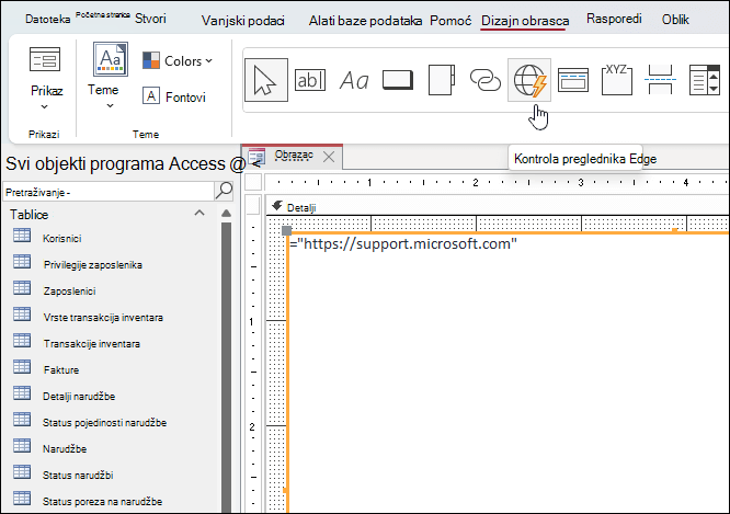 Edge Browser Control button being clicked in the Form Design ribbon tab in Microsoft Access