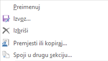 Stavke kontekstnog izbornika sekcije programa OneNote za Windows 2016, uključujući Premjesti i Kopiraj