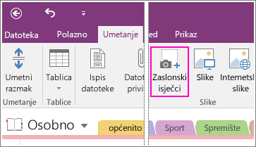 Snimka zaslona gumba za umetanje zaslonskog isječka u programu OneNote 2016