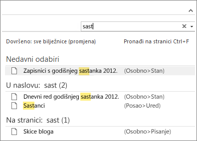 Pomoću okvira za pretraživanje potražite bilješke bilo gdje u programu OneNote.