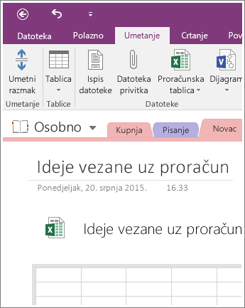 Snimka zaslona nove proračunske tablice u programu OneNote 2016.