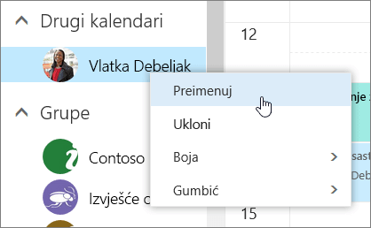 Snimka zaslona kontekstnog izbornika Ostali kalendari.