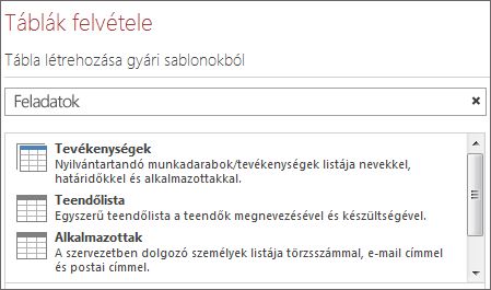 A Táblák felvétele képernyő táblasablon-kereső mezője
