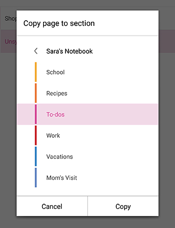 A Lap másolása szakaszba menü az Android OneNote-ban