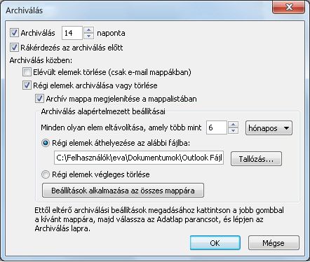 Az Archiválási beállítások párbeszédpanel