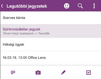 A Legutóbbi jegyzetek lista az Android OneNote-ban