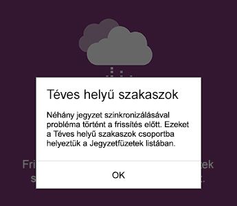 Téves helyű szakaszok értesítése az Android OneNote-ban