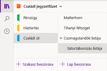 A Windows 10 OneNote navigációs felülete