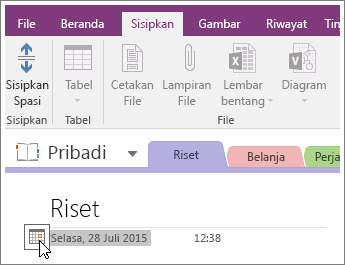 Cuplikan layar cara mengubah stempel tanggal halaman di OneNote 2016.