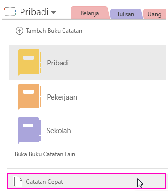 Cuplikan layar panel Buku Catatan OneNote 2016 dengan Catatan Cepat disorot