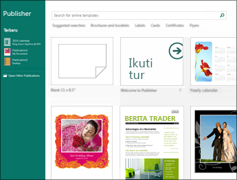 Cuplikan layar templat di layar Mulai Publisher.