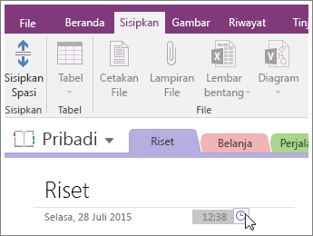 Cuplikan layar cara mengubah stempel waktu pada halaman di OneNote 2016.