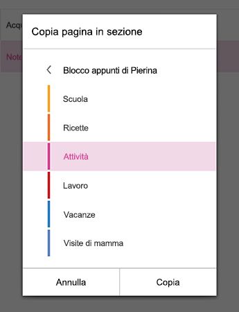 Menu Copia pagina in sezione in OneNote per Android